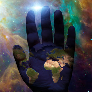hand palm up with global maps background